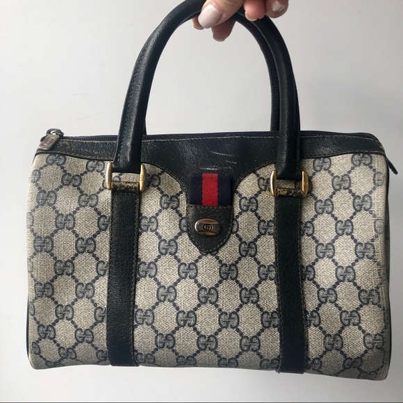 Gucci Handbags - Gucci Vintage Boston GG Web Handbag Navy Leather
